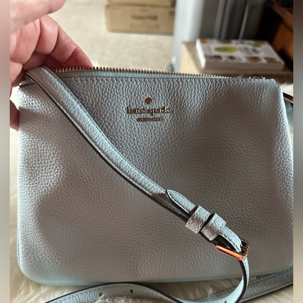 KATE SPADE Leila Light Blue Soft Pebbled Leather Crossbody with Gold-Tone Logo